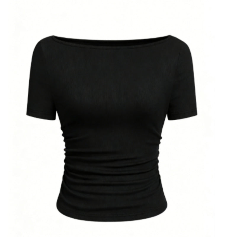 European And American-style Chic T-shirt In Solid Color With A Boat Neck And Flared Sleeves
