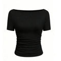 European And American-style Chic T-shirt In Solid Color With A Boat Neck And Flared Sleeves