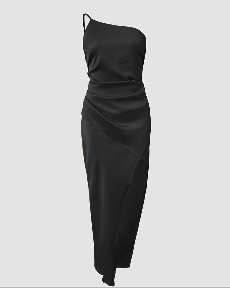 European And American-style Solid-color One-shoulder Pleated Slit Dress