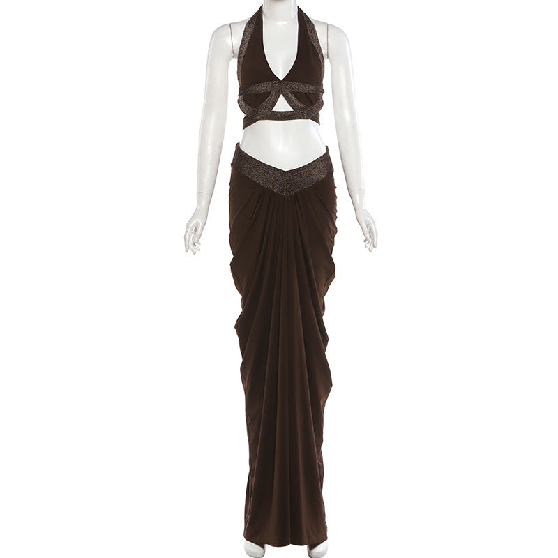 Sexy Cropped Halter Top And Pleated Bodycon Maxi Skirt Set