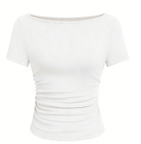 European And American-style Chic T-shirt In Solid Color With A Boat Neck And Flared Sleeves