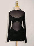 Solid-color Slim-fit Sexy Mesh Sheer Round-neck Sheath Dress For Women