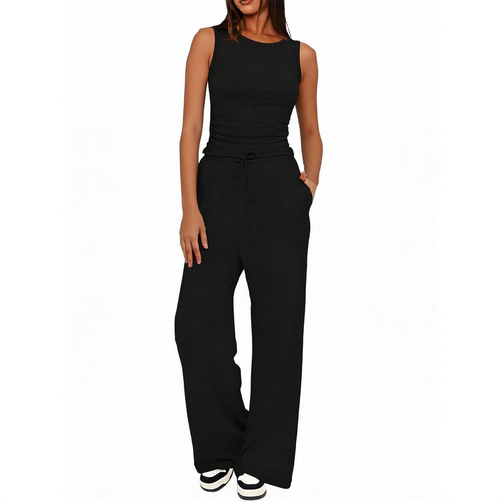 Sleeveless Crewneck Pleated Vest And High-waisted Wide-leg Pants Set