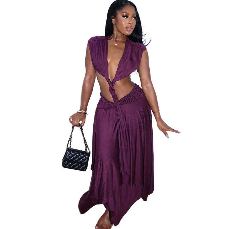 Solid-color Sexy Chic Sleeveless Low-cut V-neck Backless Dress
