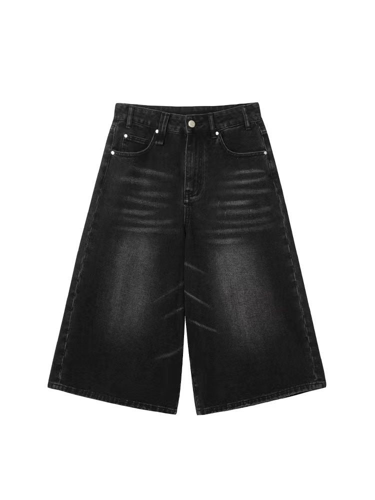 High Waist Wide Leg Cropped Denim Shorts Men's Design Sense