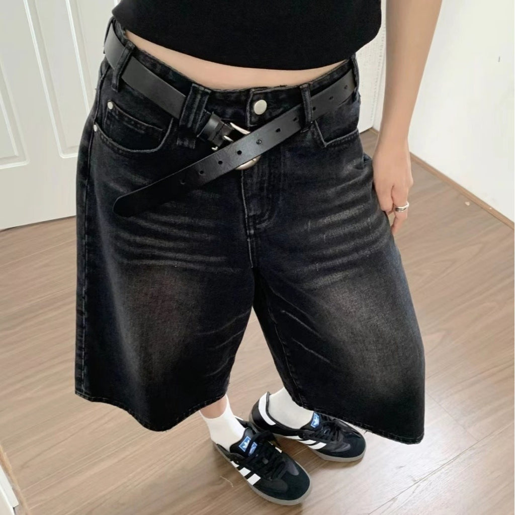 High Waist Wide Leg Cropped Denim Shorts Men's Design Sense