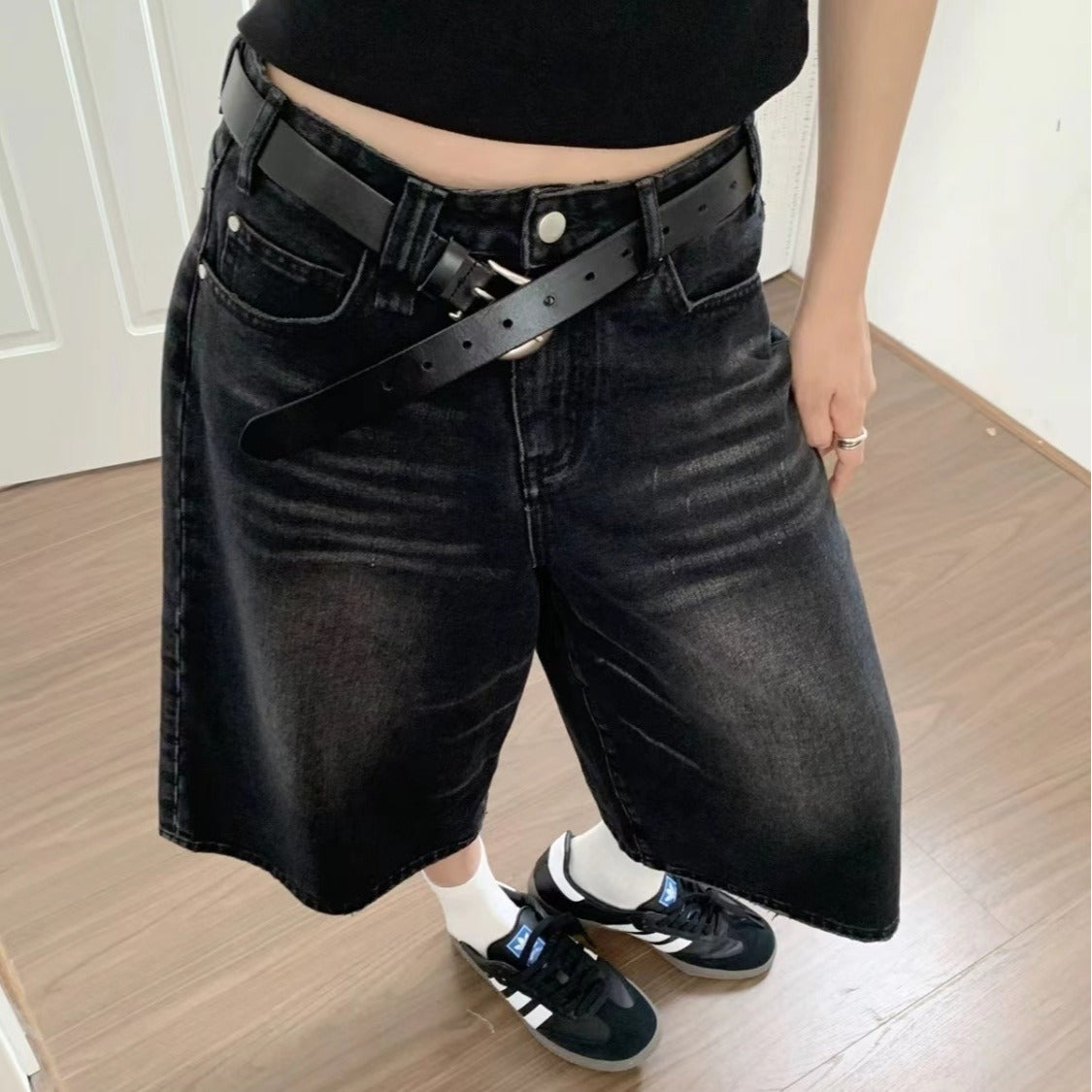 High Waist Wide Leg Cropped Denim Shorts Men's Design Sense