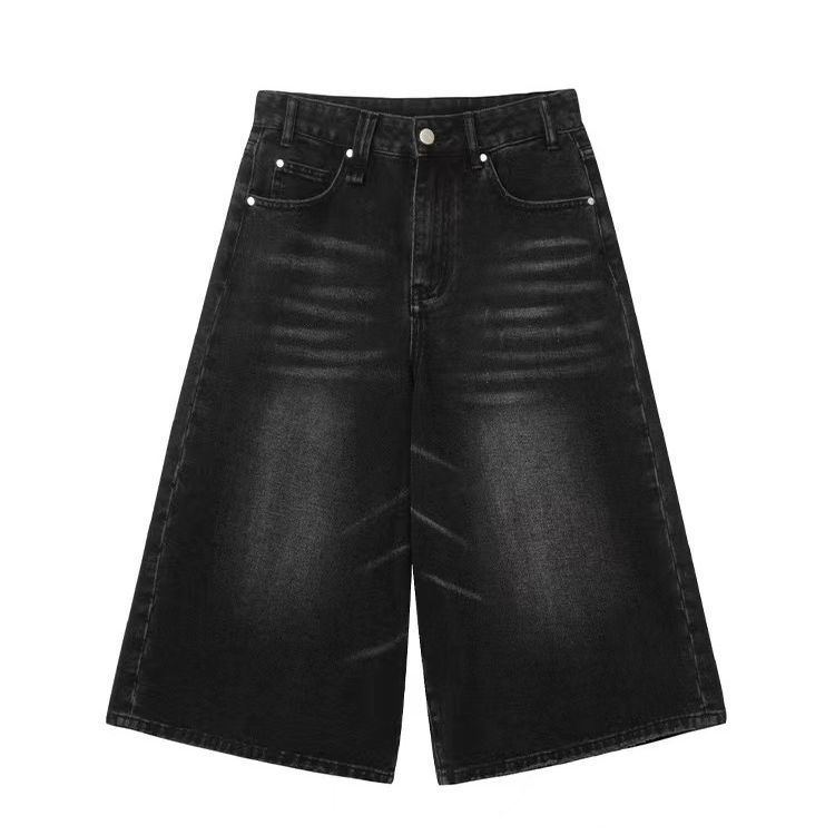 High Waist Wide Leg Cropped Denim Shorts Men's Design Sense