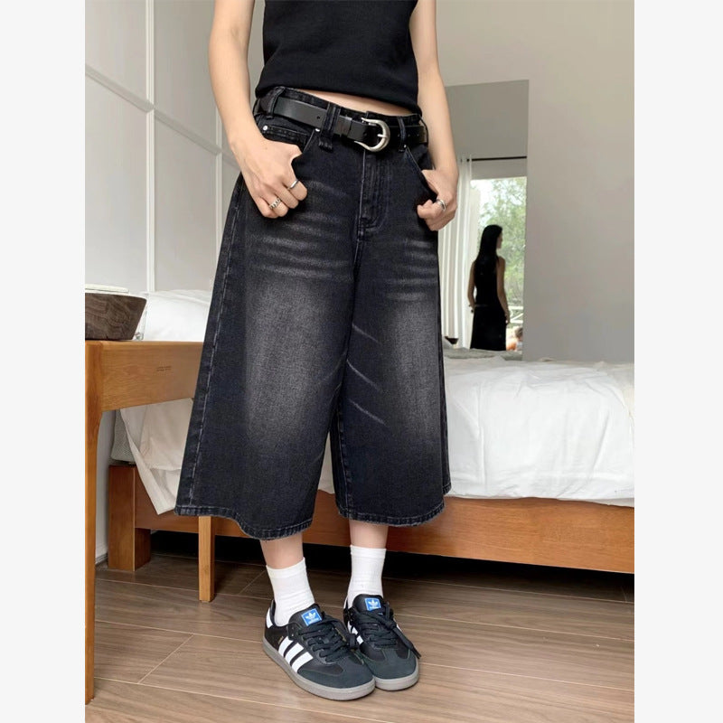 High Waist Wide Leg Cropped Denim Shorts Men's Design Sense