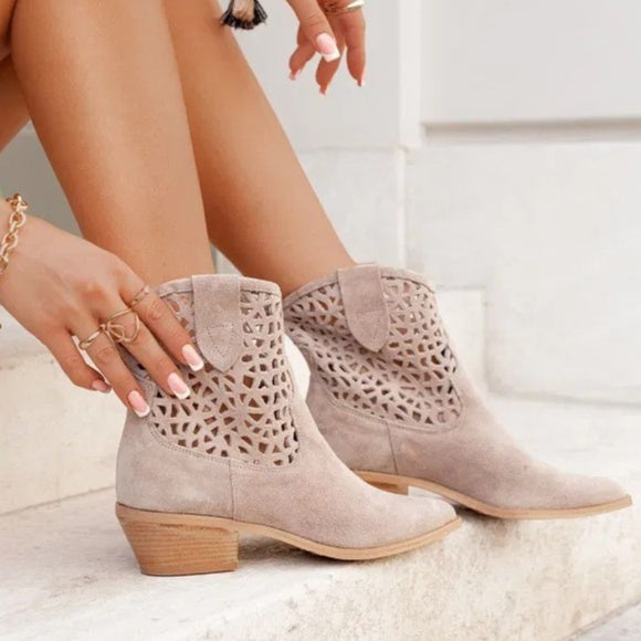 Womens Plus-Size Fashion Ankle Boots With Hollowed-Out Design And Chunky Heel