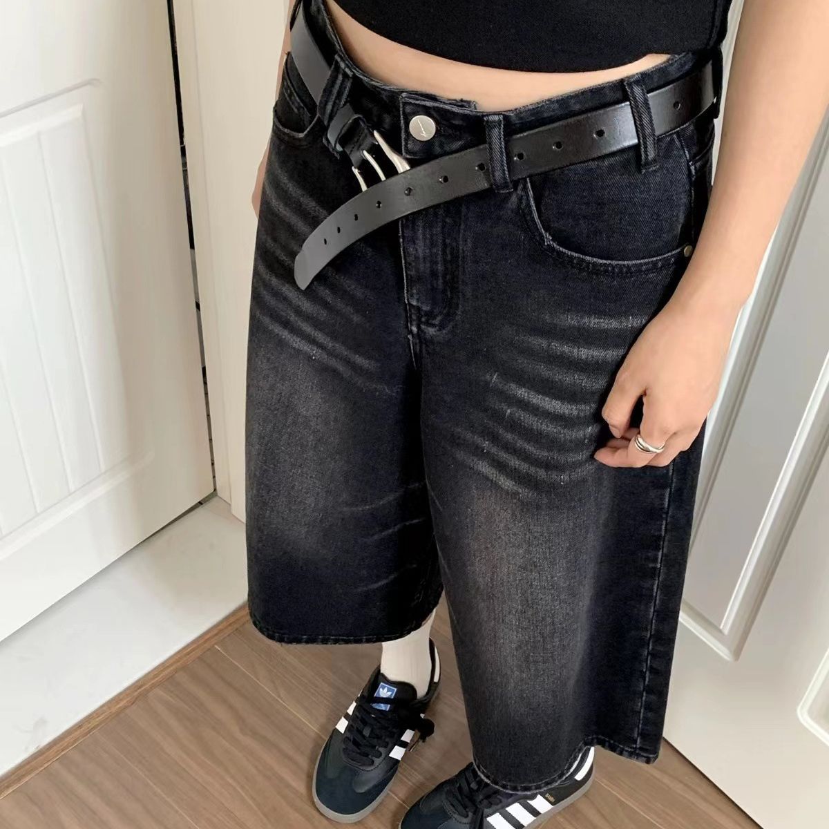 High Waist Wide Leg Cropped Denim Shorts Men's Design Sense