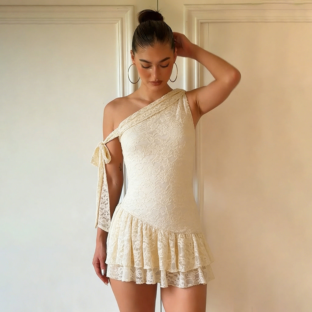 French-style Asymmetrical Off-Shoulder Lace Sleeveless Dress With Tying Straps