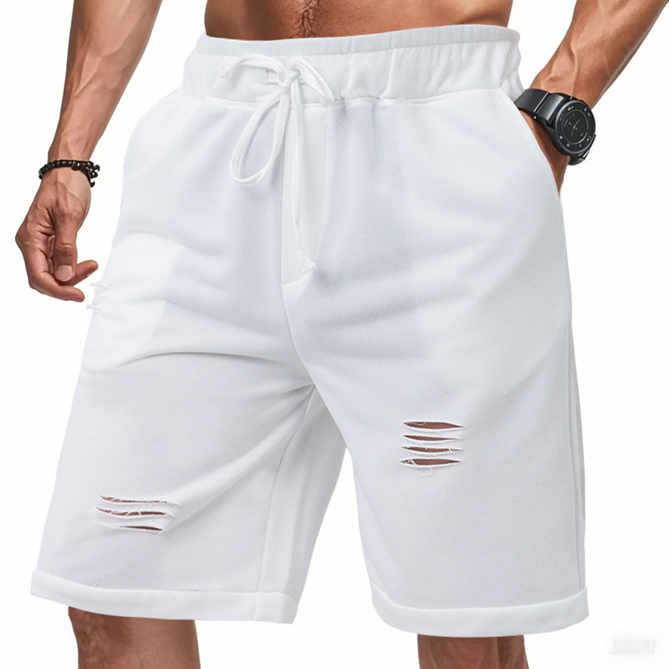 Ripped Casual Knitted Loose Fifth Solid Color Terry Sports Pants