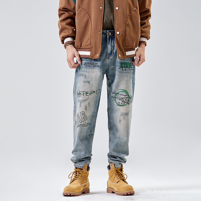 American Print Denim Casual Loose Straight Dad Trousers For Men
