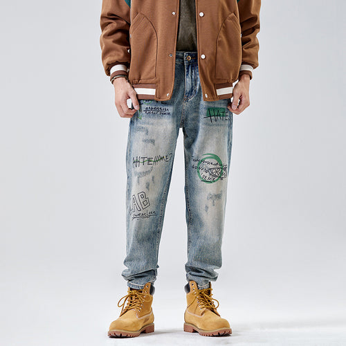 American Print Denim Casual Loose Straight Dad Trousers For Men