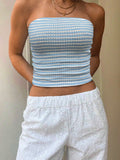 Blue And White Striped Strapless Sleeveless Off-shoulder Cropped Tank Top