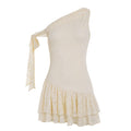 French-style Asymmetrical Off-Shoulder Lace Sleeveless Dress With Tying Straps