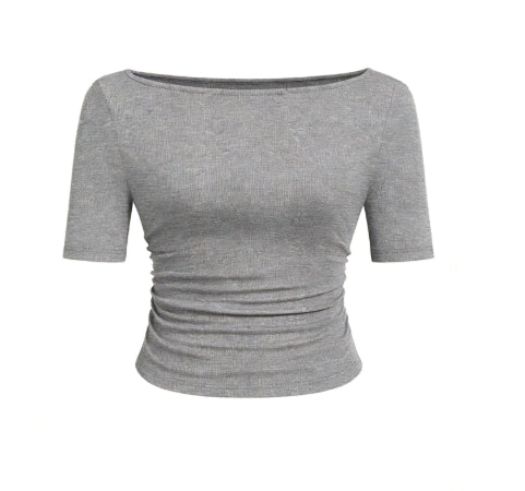 European And American-style Chic T-shirt In Solid Color With A Boat Neck And Flared Sleeves