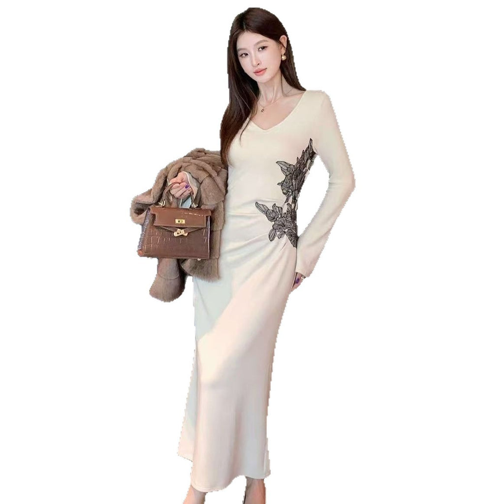 Womens Slim-fit Lace V-neck Knitted Dress