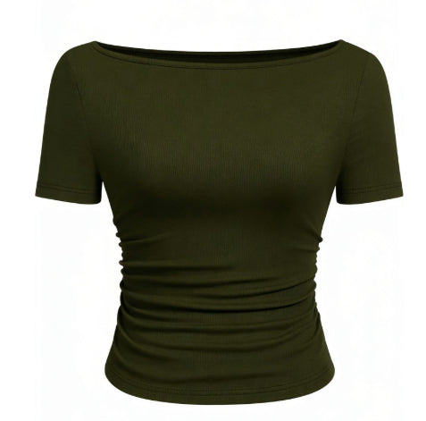 European And American-style Chic T-shirt In Solid Color With A Boat Neck And Flared Sleeves