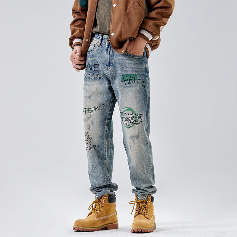 American Print Denim Casual Loose Straight Dad Trousers For Men