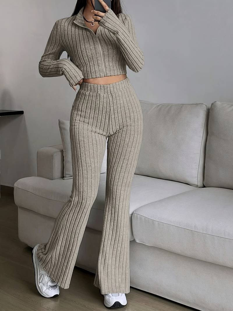 Fashionable Solid-Color Ribbed Two-Piece Set Zip-Up Long-Sleeve Cropped Top And High-Waist Flare Pants Suit