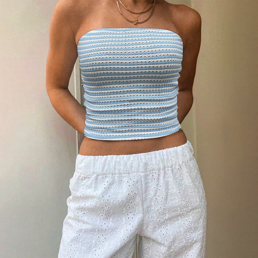 Blue And White Striped Strapless Sleeveless Off-shoulder Cropped Tank Top