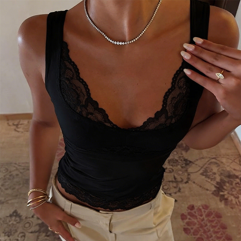 Lace Vest With Trim Solid Color Women's