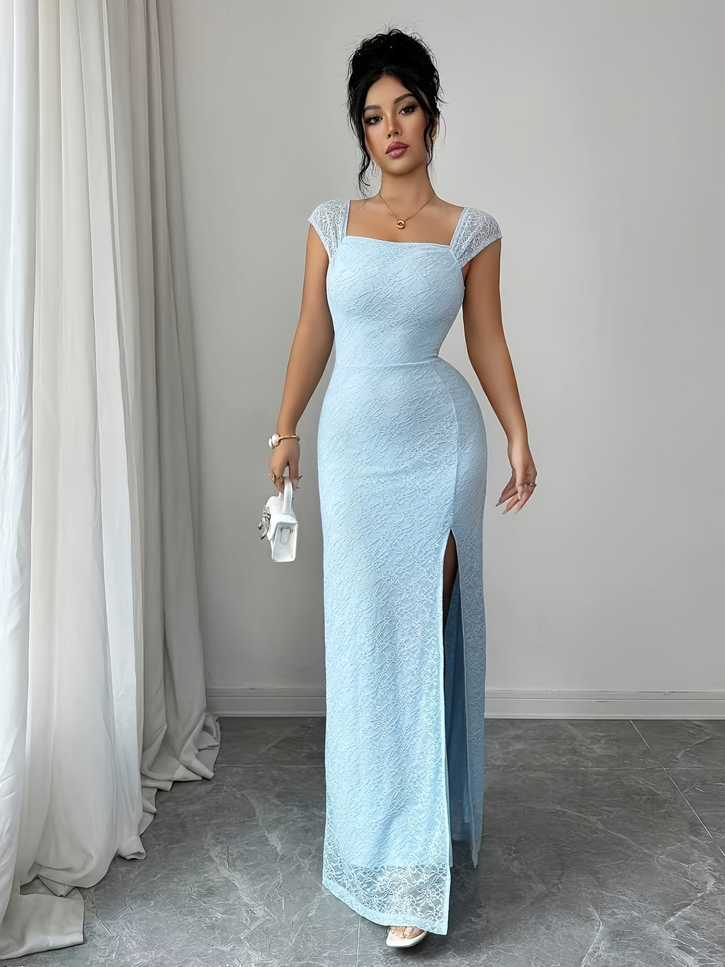 A Summer Elegant French Romantic Knitted Lace Fabric Dress With A High Slit Design And A Slim Fit