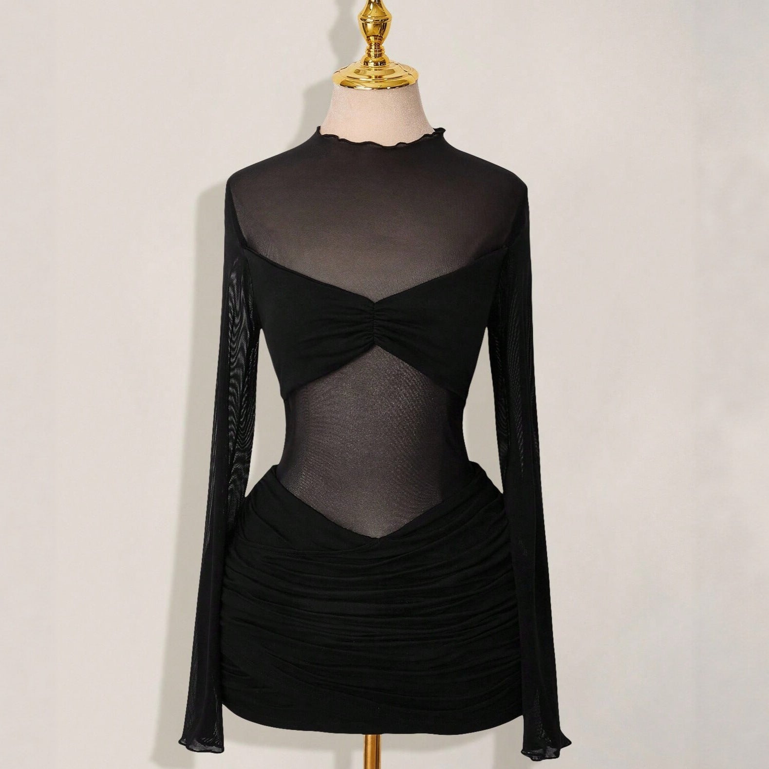 Solid-color Slim-fit Sexy Mesh Sheer Round-neck Sheath Dress For Women