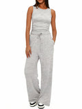 Sleeveless Crewneck Pleated Vest And High-waisted Wide-leg Pants Set
