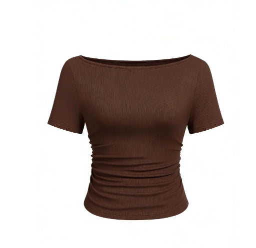 European And American-style Chic T-shirt In Solid Color With A Boat Neck And Flared Sleeves