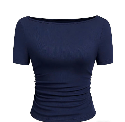European And American-style Chic T-shirt In Solid Color With A Boat Neck And Flared Sleeves