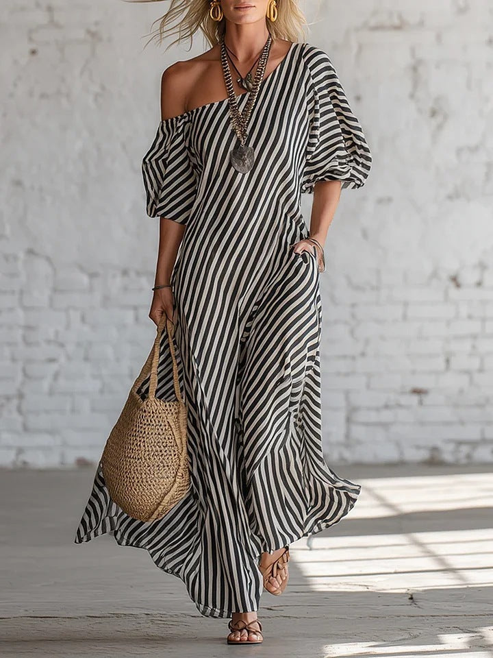 Womens Striped Off-shoulder Dress