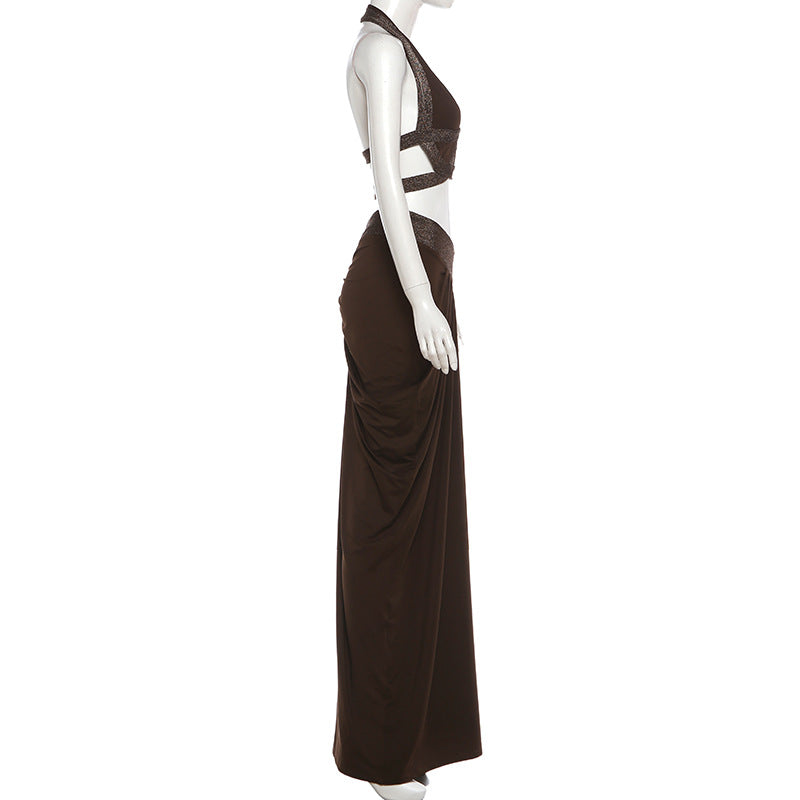 Sexy Cropped Halter Top And Pleated Bodycon Maxi Skirt Set