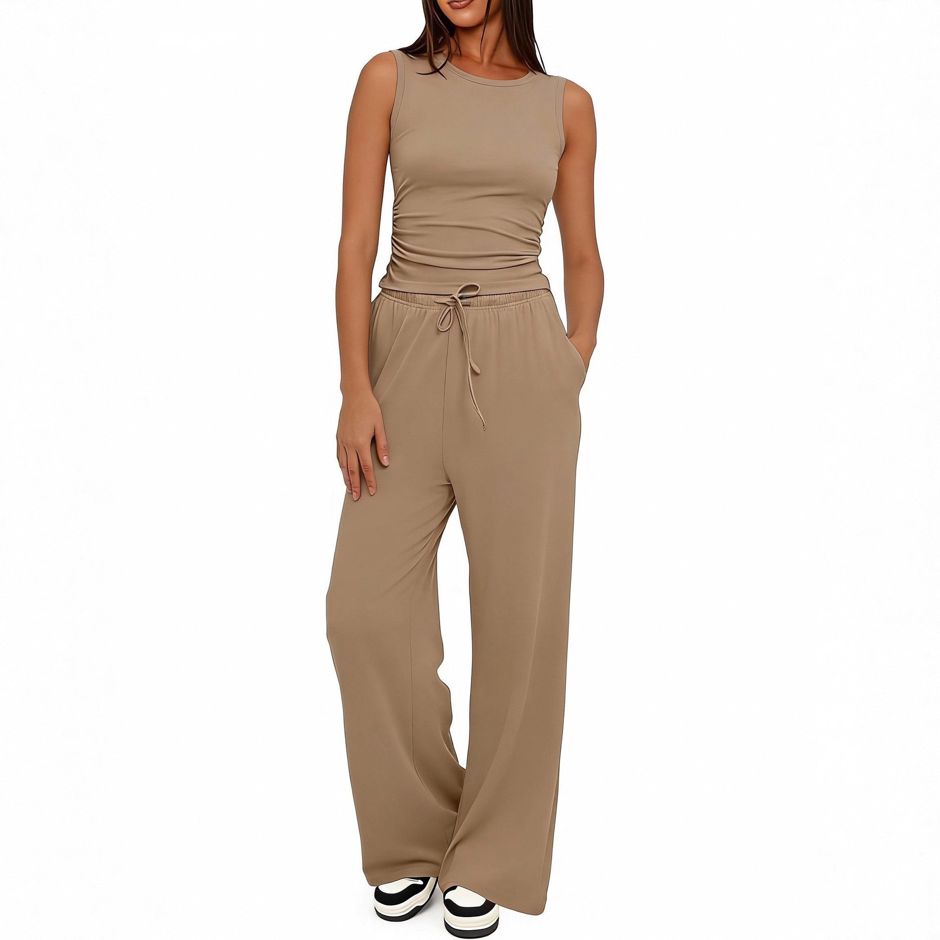 Sleeveless Crewneck Pleated Vest And High-waisted Wide-leg Pants Set