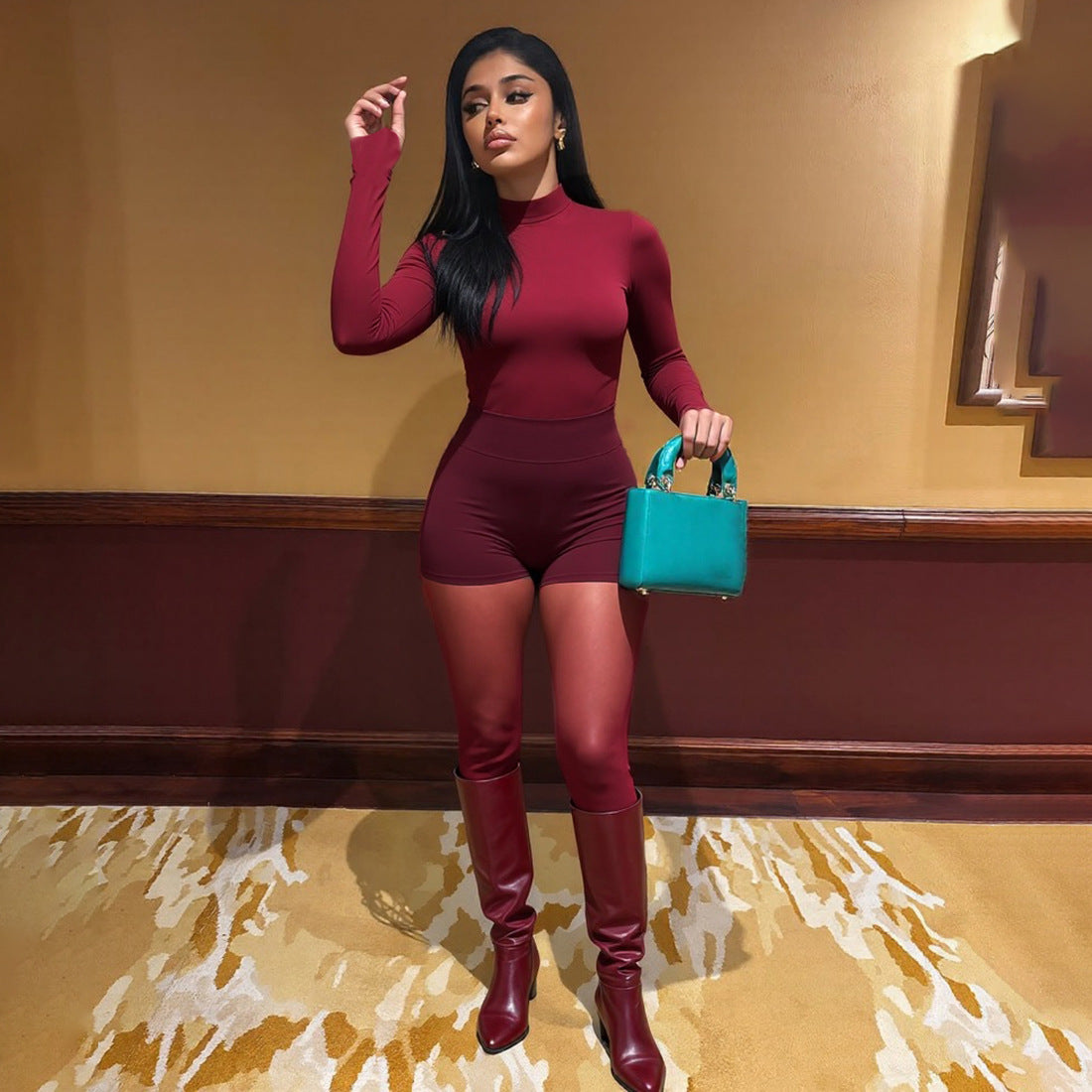 Personalized Street-style Chic Outfit A Tight-fitting Long-sleeve Top And Pants Set
