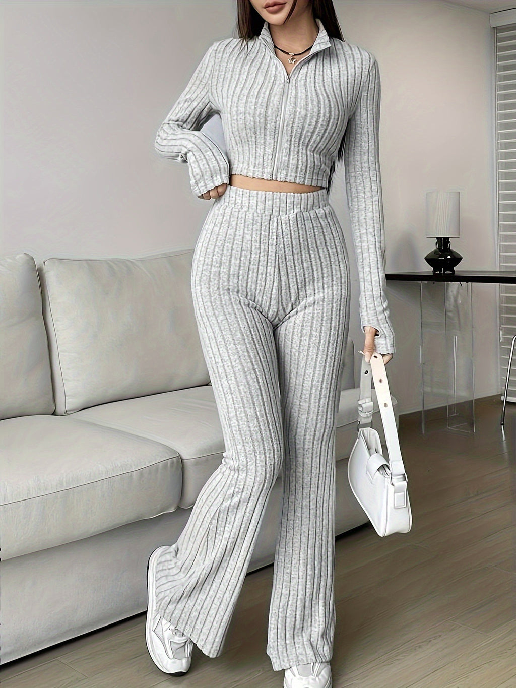 Fashionable Solid-Color Ribbed Two-Piece Set Zip-Up Long-Sleeve Cropped Top And High-Waist Flare Pants Suit
