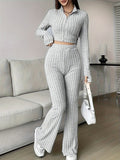 Fashionable Solid-Color Ribbed Two-Piece Set Zip-Up Long-Sleeve Cropped Top And High-Waist Flare Pants Suit