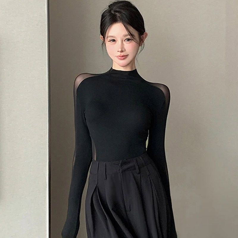 Mesh-spliced Womens Tight-fitting Long-sleeve T-shirt