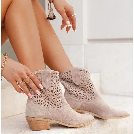 Womens Plus-Size Fashion Ankle Boots With Hollowed-Out Design And Chunky Heel