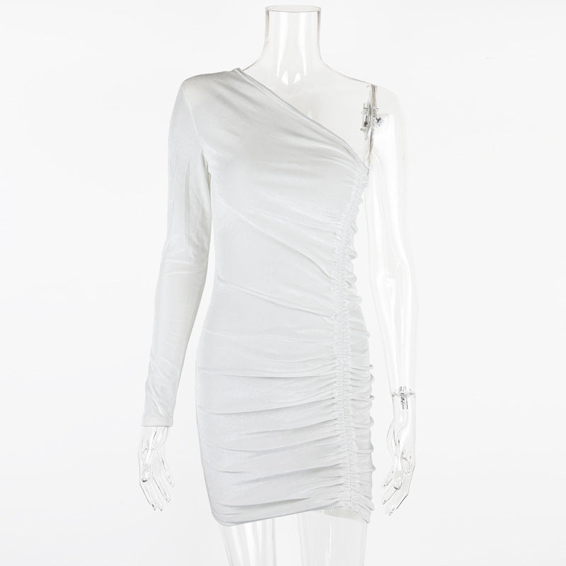 Womens Slim-Fit Pleated One-Shoulder Slash-Neck Mini Dress