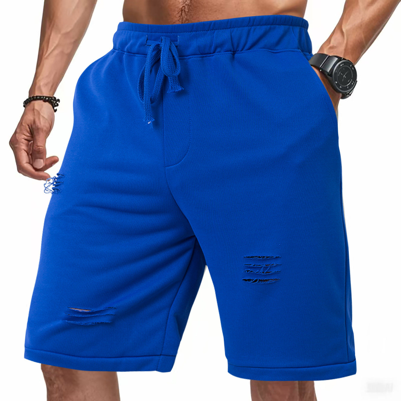 Ripped Casual Knitted Loose Fifth Solid Color Terry Sports Pants