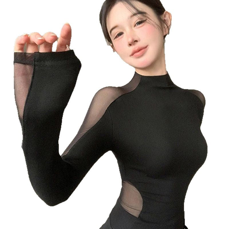 Mesh-spliced Womens Tight-fitting Long-sleeve T-shirt