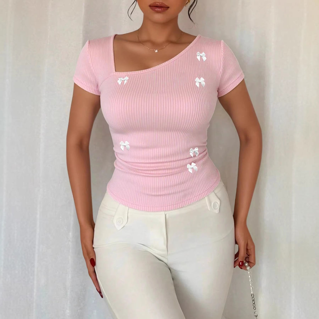 Summer T-shirt With A Bow Accent And Slanted Neckline