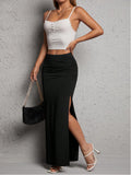 Solid-color High-waisted Elegant Pleated Slit Midi Skirt