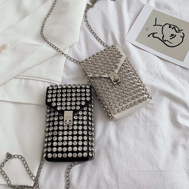 Mini Phone Vintage Diamond Encrusted Design Womens Shoulder Or Crossbody Bag