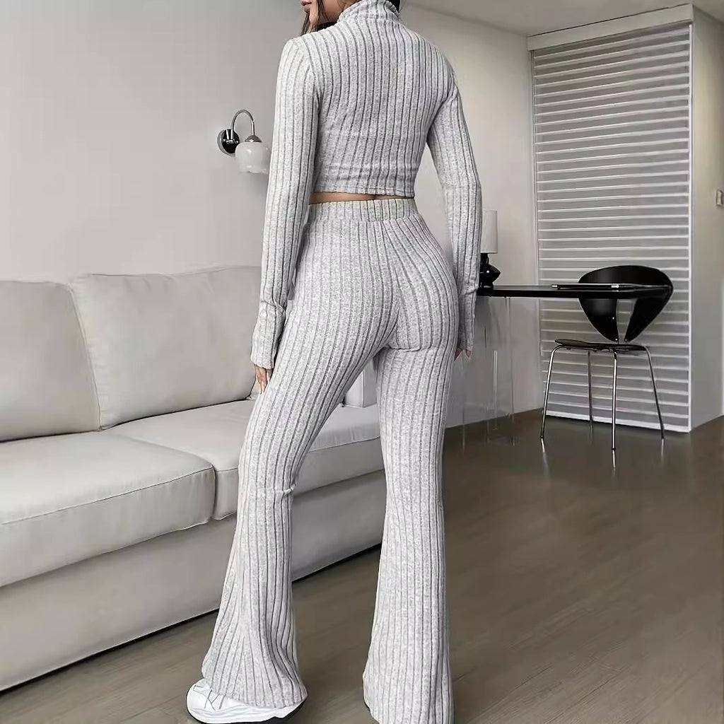 Fashionable Solid-Color Ribbed Two-Piece Set Zip-Up Long-Sleeve Cropped Top And High-Waist Flare Pants Suit