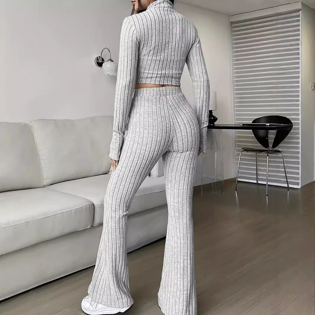 Fashionable Solid-Color Ribbed Two-Piece Set Zip-Up Long-Sleeve Cropped Top And High-Waist Flare Pants Suit
