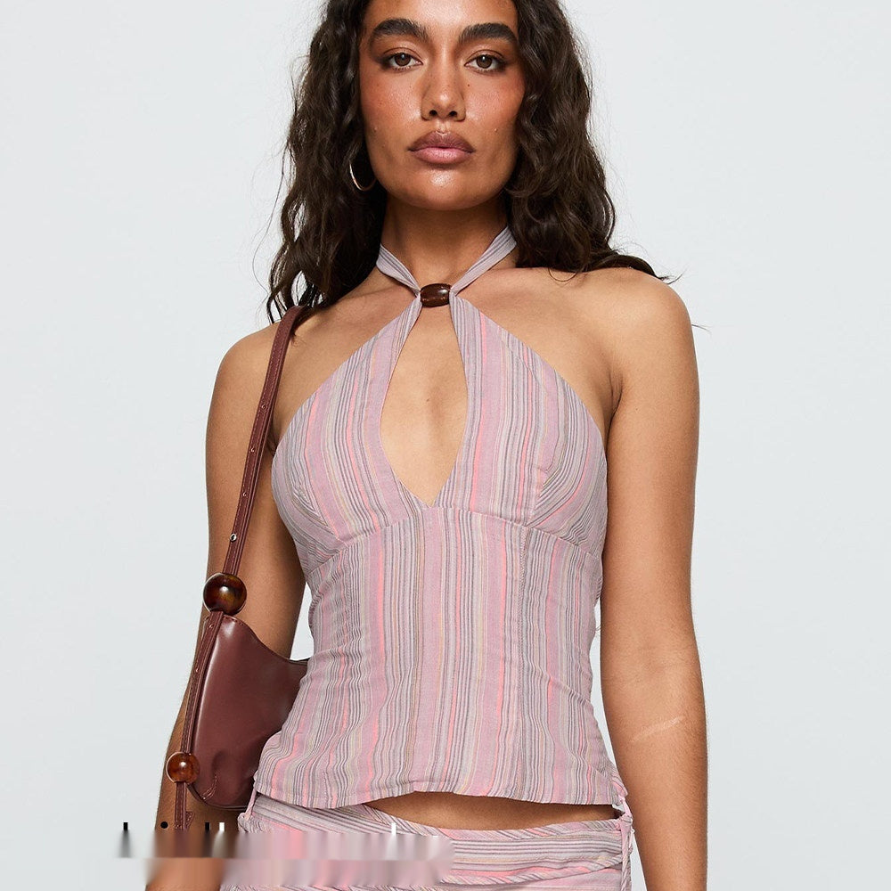 Fashionable Trendy Versatile Striped Top And Shorts Set